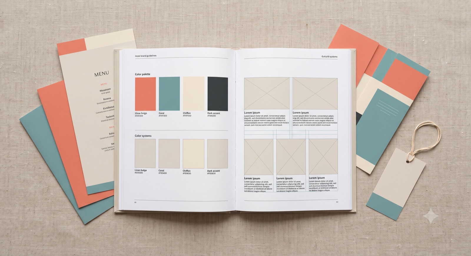 A hotel brand guidelines book open beside colour swatches and printed collateral on a linen surface
