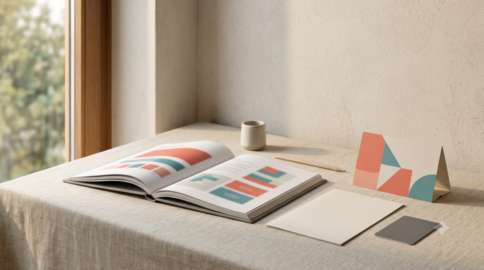 A hotel brand guidelines book open on a desk beside menu and signage mock-ups