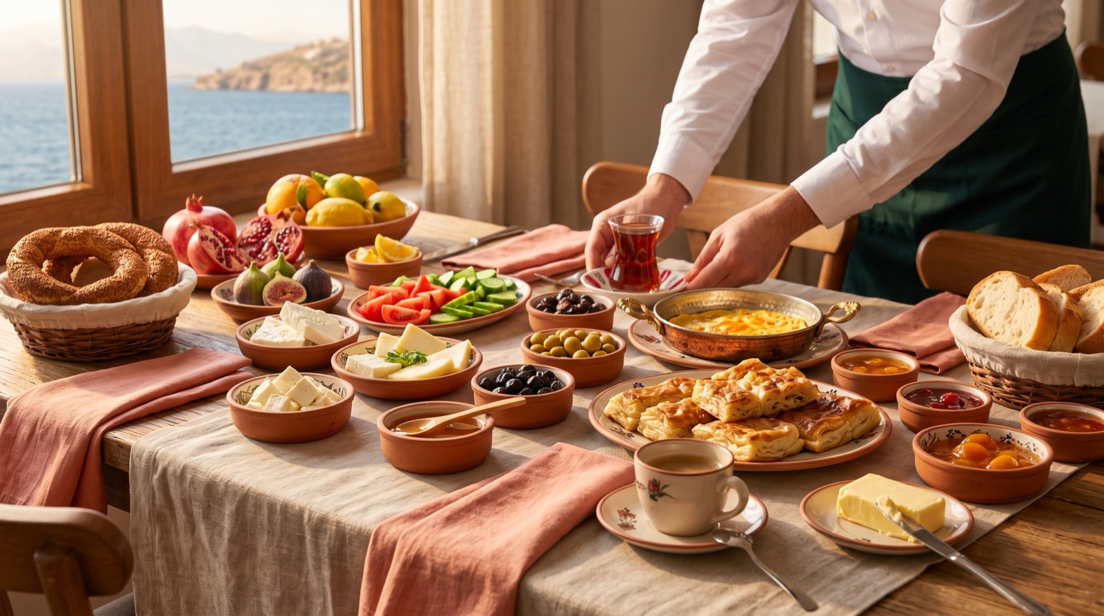A generously laid hotel breakfast table in warm morning light, staff serving in the background
